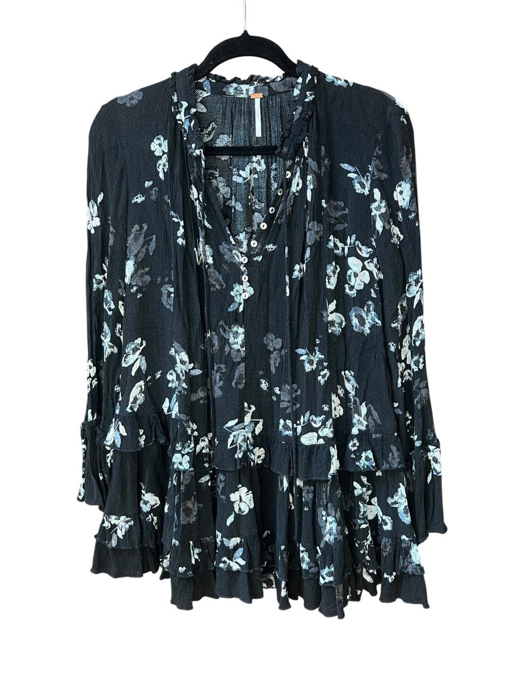 Free People Black Floral Tiered Mini Dress with Blue-White Print S